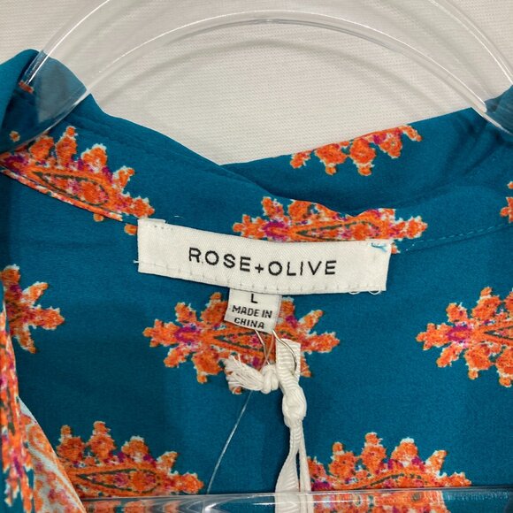 New Rose & Olive Large Blue Orange Boho Print Soft Flowy Long Sleeve Button Up - Picture 2 of 12